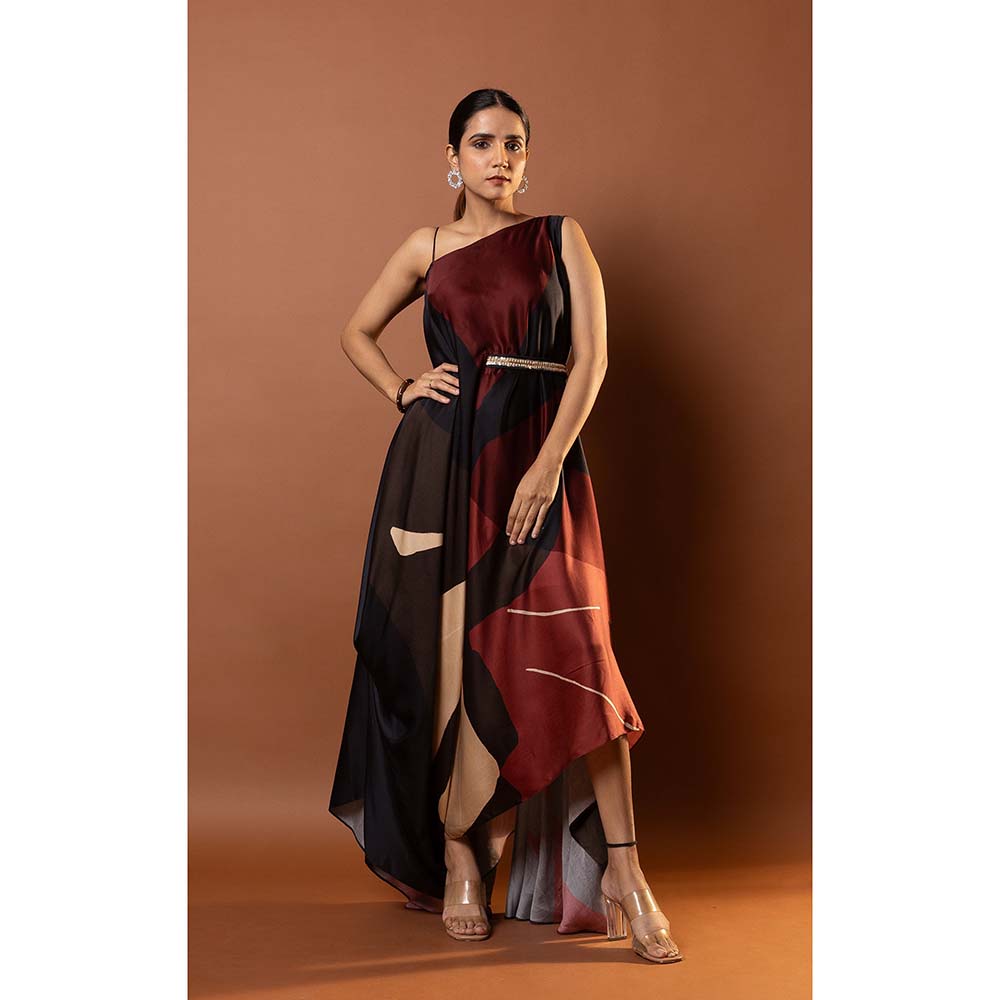Vedika M Red Printed One Shoulder Strap Drape Dress with Attached Belt