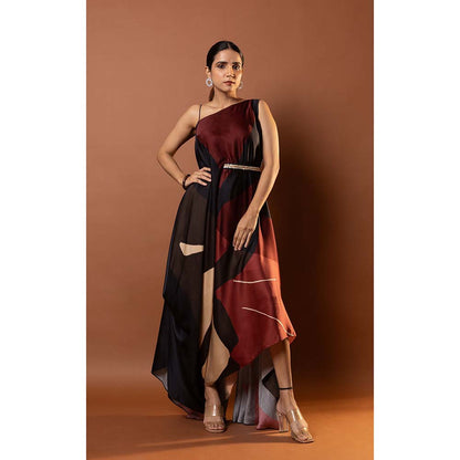 Vedika M Red Printed One Shoulder Strap Drape Dress with Attached Belt