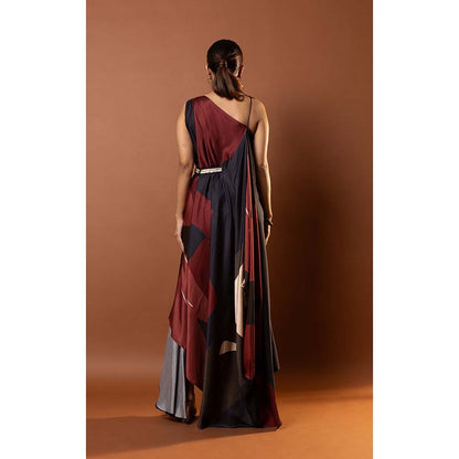 Vedika M Red Printed One Shoulder Strap Drape Dress with Attached Belt