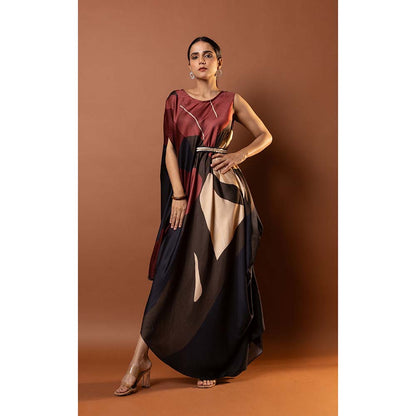 Vedika M Red Printed Drape Dress with Attached Belt