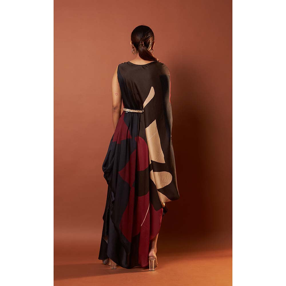 Vedika M Red Printed Drape Dress with Attached Belt