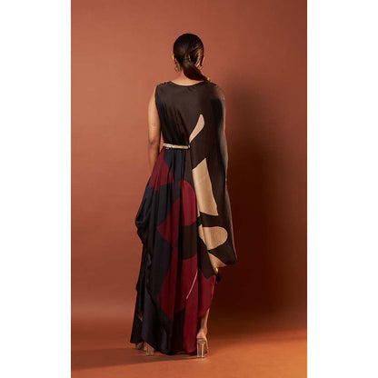 Vedika M Red Printed Drape Dress with Attached Belt