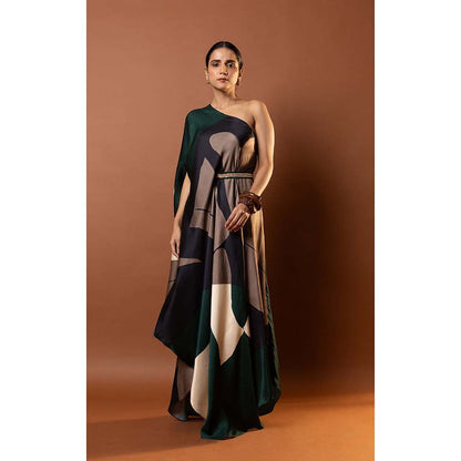 Vedika M Green Printed One Shoulder Drape Dress with Attached Belt
