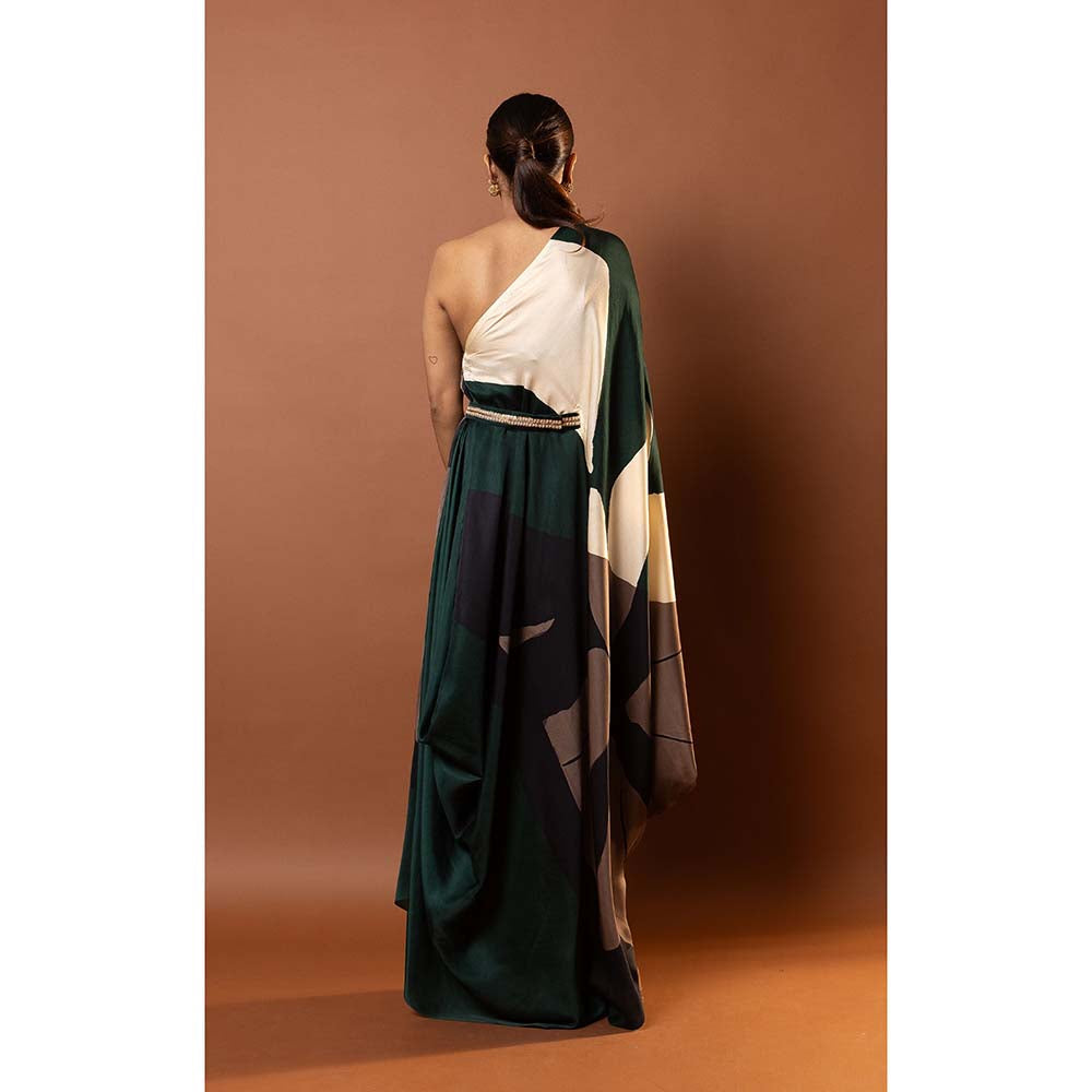 Vedika M Green Printed One Shoulder Drape Dress with Attached Belt