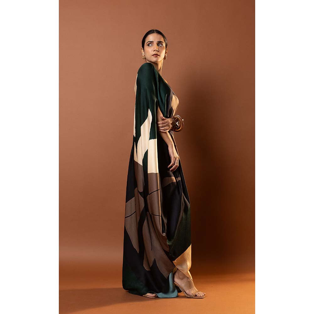 Vedika M Green Printed One Shoulder Drape Dress with Attached Belt