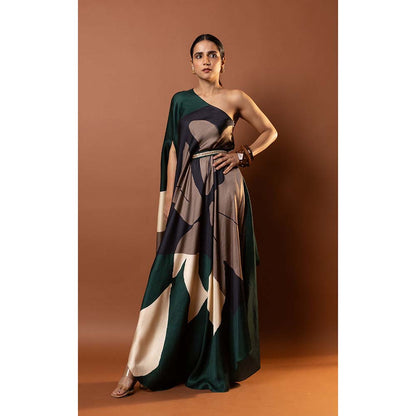 Vedika M Green Printed One Shoulder Drape Dress with Attached Belt