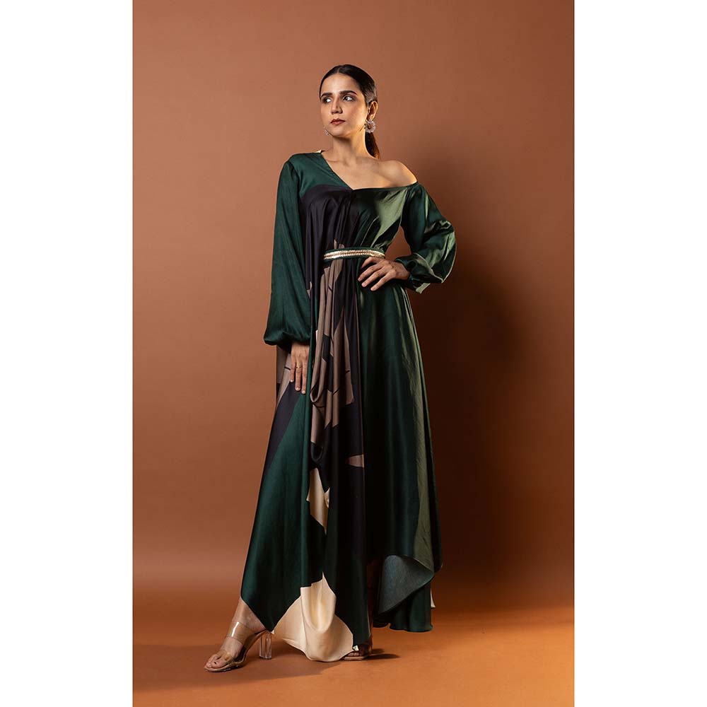 Vedika M Green Printed Drape Dress with Attached Belt