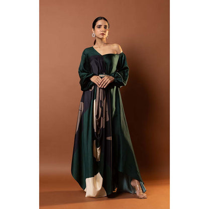 Vedika M Green Printed Drape Dress with Attached Belt