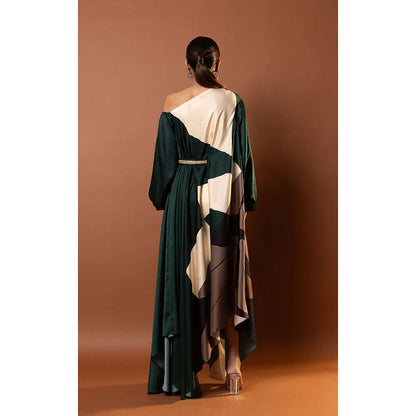 Vedika M Green Printed Drape Dress with Attached Belt