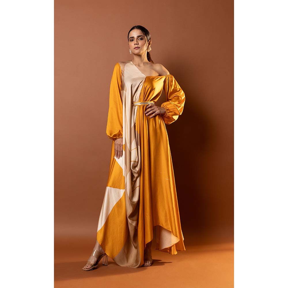 Vedika M Yellow Abstract Printed Drape Dress with Attached Belt