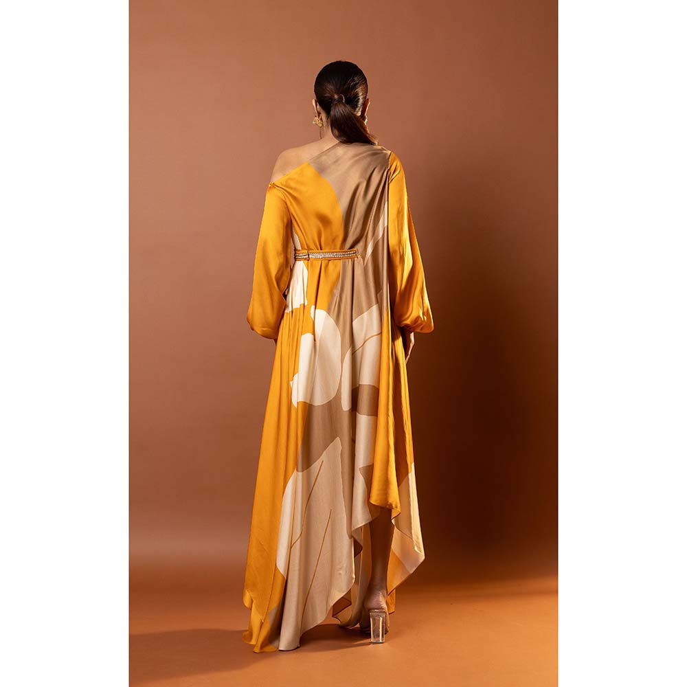 Vedika M Yellow Abstract Printed Drape Dress with Attached Belt
