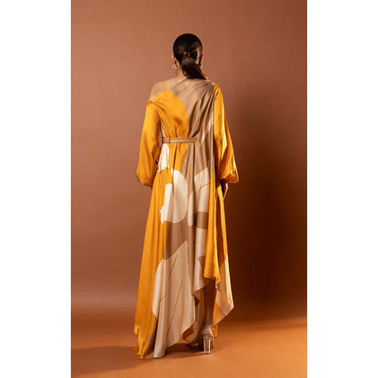 Vedika M Yellow Abstract Printed Drape Dress with Attached Belt