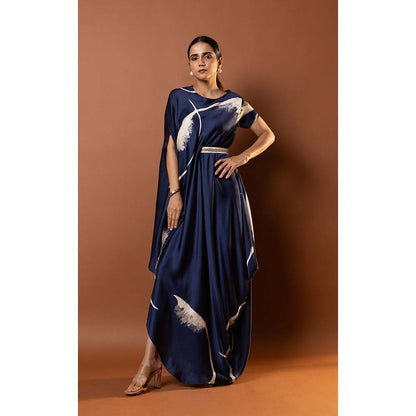 Vedika M Blue Printed Draped Dress with Attached Belt