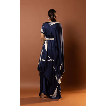 Vedika M Blue Printed Draped Dress with Attached Belt