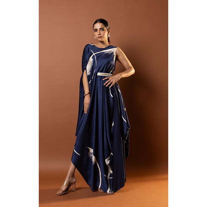 Vedika M Blue Printed Draped Dress with Attached Belt