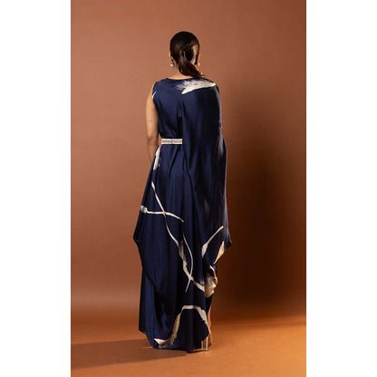 Vedika M Blue Printed Draped Dress with Attached Belt