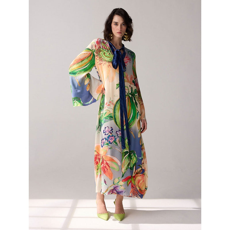 Verb Blue Printed Tie-Up Neck Gemma Dress