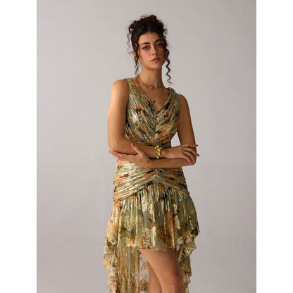 Verb Lurex Printed Ruched High Low Anaisha Dress