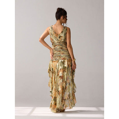 Verb Lurex Printed Ruched High Low Anaisha Dress