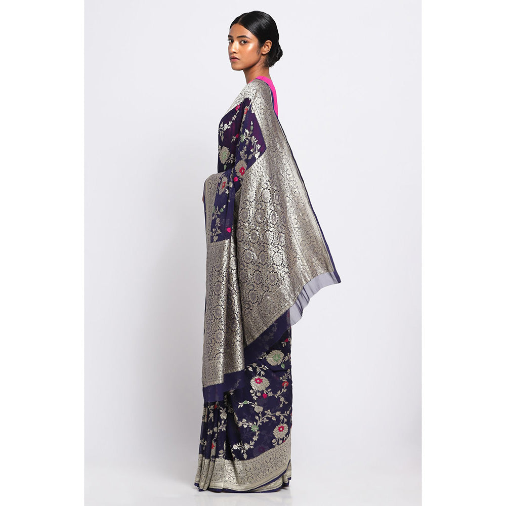 Via East Navy Blue Georgette Banarasi Meena Saree with Unstitched Blouse