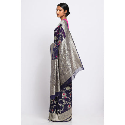 Via East Navy Blue Georgette Banarasi Meena Saree with Unstitched Blouse