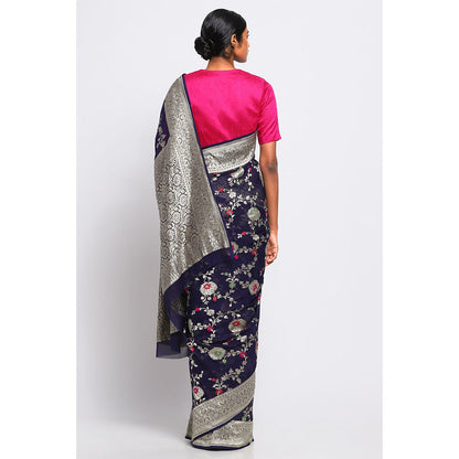 Via East Navy Blue Georgette Banarasi Meena Saree with Unstitched Blouse