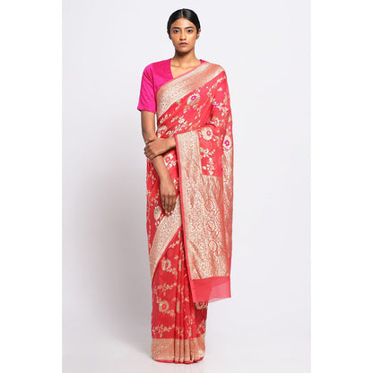 Via East Pink Georgette Banarasi Meena Saree with Unstitched Blouse