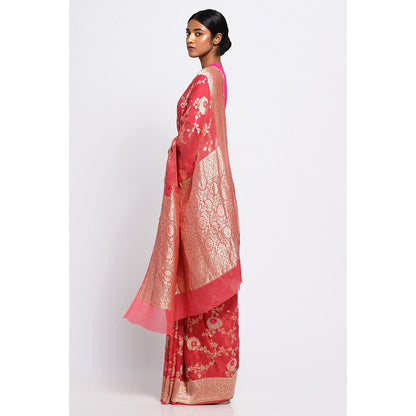 Via East Pink Georgette Banarasi Meena Saree with Unstitched Blouse