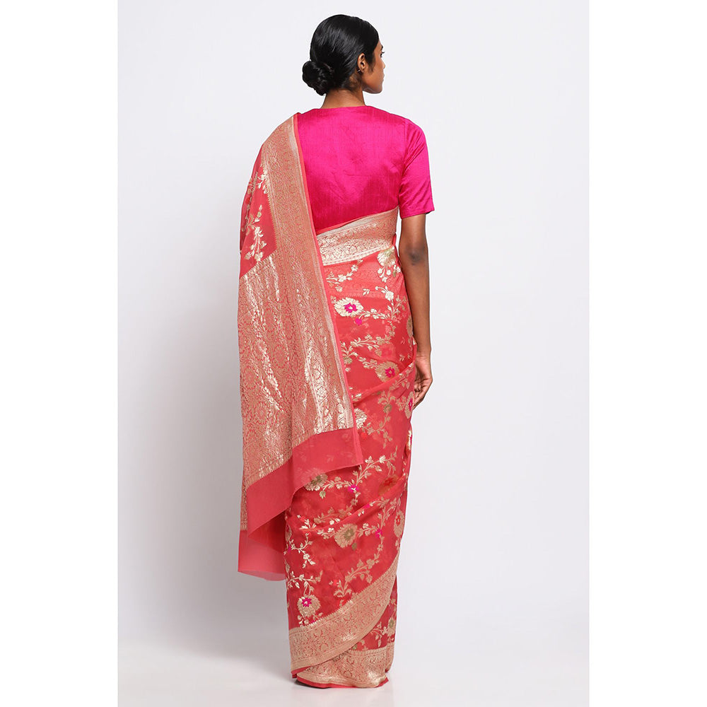 Via East Pink Georgette Banarasi Meena Saree with Unstitched Blouse