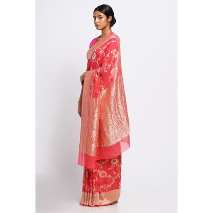 Via East Pink Georgette Banarasi Meena Saree with Unstitched Blouse