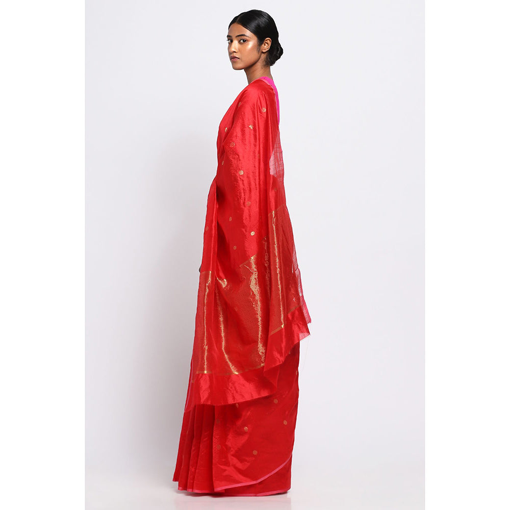 Via East Scarlet Silk Chanderi Saree with Unstitched Blouse