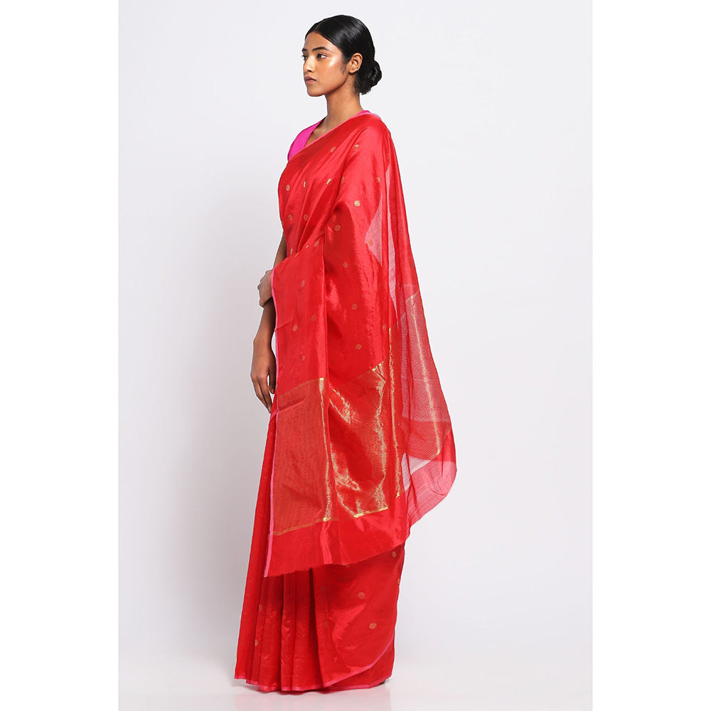 Via East Scarlet Silk Chanderi Saree with Unstitched Blouse