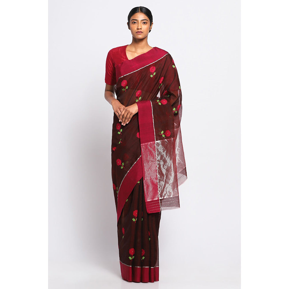 Via East Maroon Silk Chanderi Aarika Saree with Unstitched Blouse