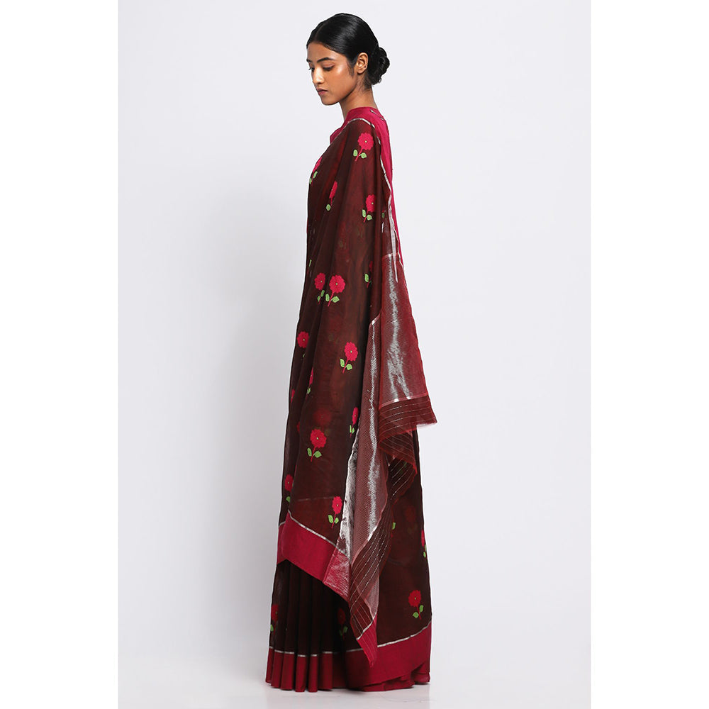 Via East Maroon Silk Chanderi Aarika Saree with Unstitched Blouse
