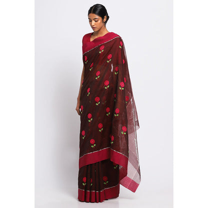 Via East Maroon Silk Chanderi Aarika Saree with Unstitched Blouse