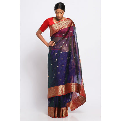 Via East Blue Silk Chanderi Uma Saree with Unstitched Blouse