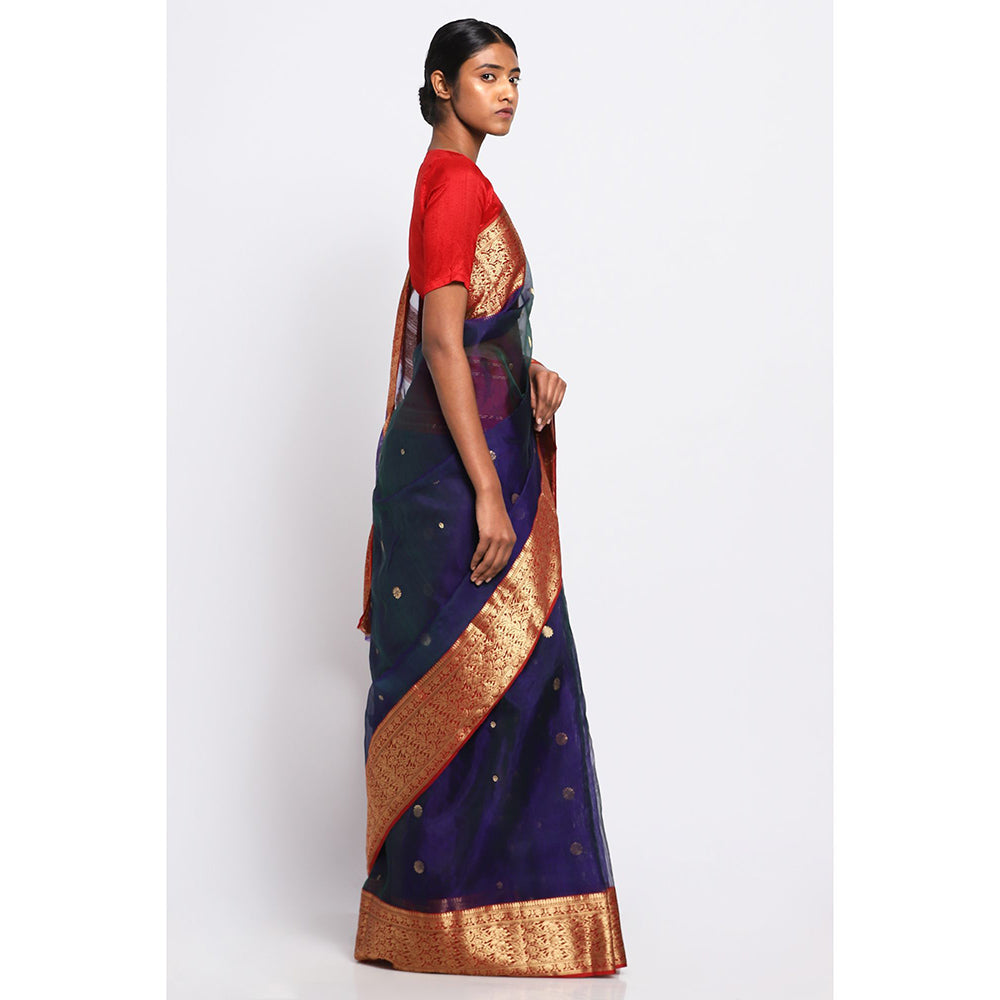 Via East Blue Silk Chanderi Uma Saree with Unstitched Blouse