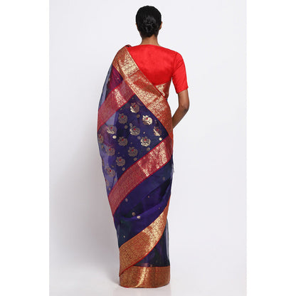 Via East Blue Silk Chanderi Uma Saree with Unstitched Blouse