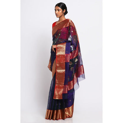 Via East Blue Silk Chanderi Uma Saree with Unstitched Blouse