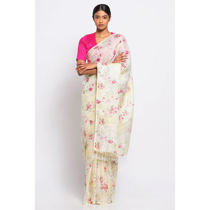 Via East Cream Watercolour Floral Linen Saree with Unstitched Blouse