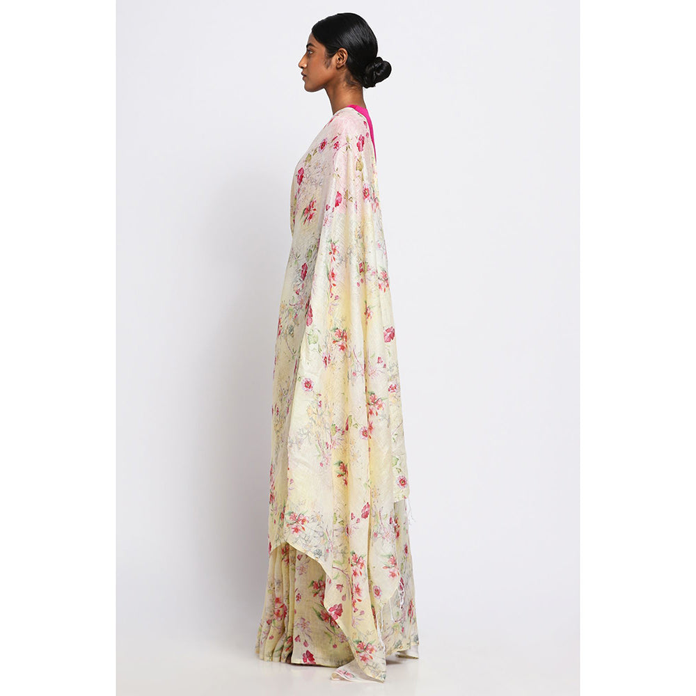 Via East Cream Watercolour Floral Linen Saree with Unstitched Blouse