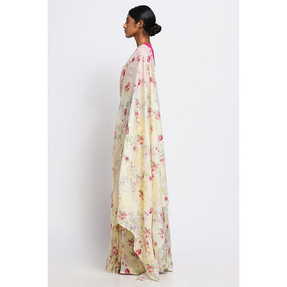 Via East Cream Watercolour Floral Linen Saree with Unstitched Blouse