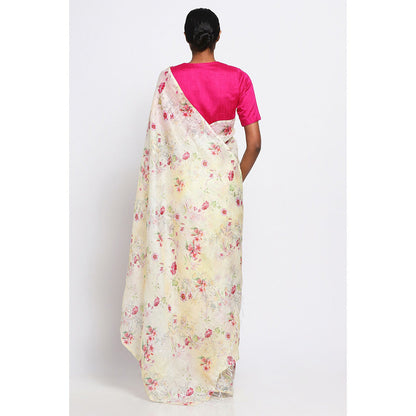 Via East Cream Watercolour Floral Linen Saree with Unstitched Blouse