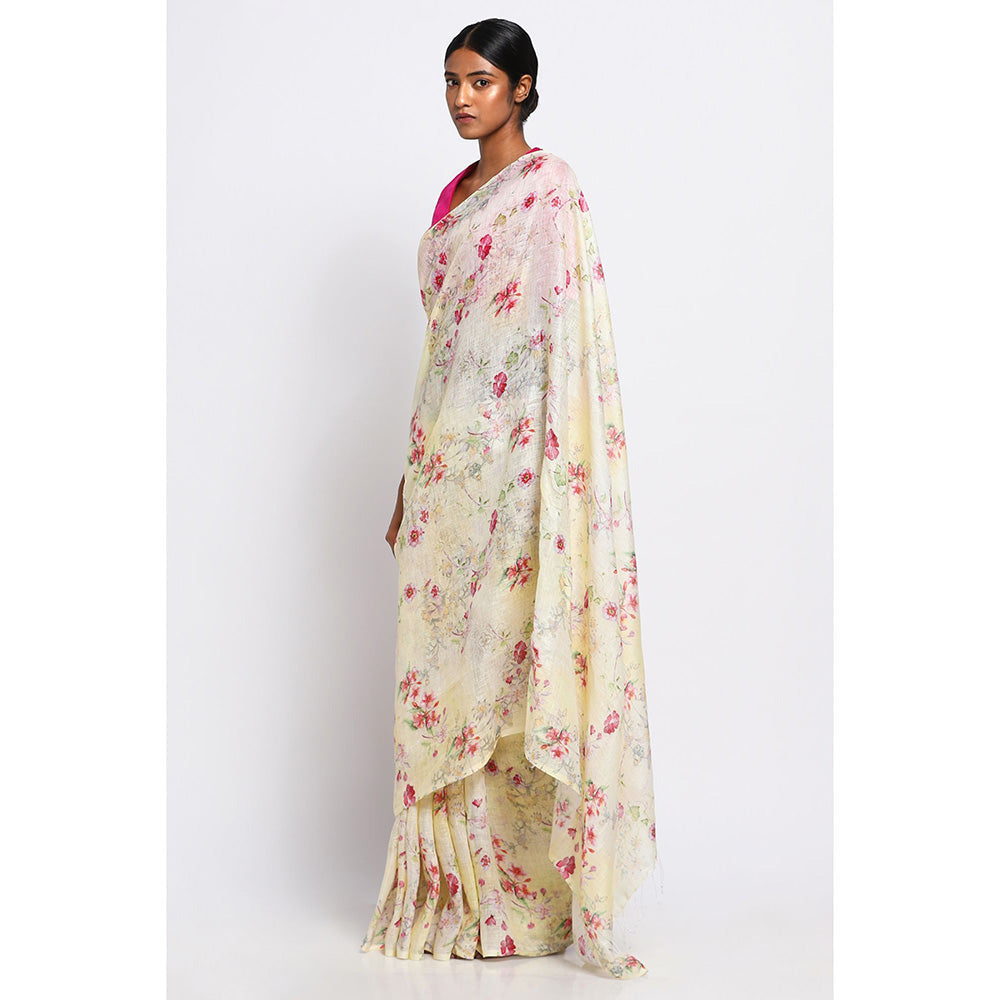 Via East Cream Watercolour Floral Linen Saree with Unstitched Blouse