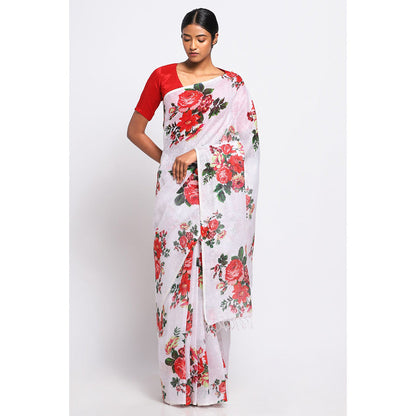 Via East French Rose Floral Linen Saree with Unstitched Blouse