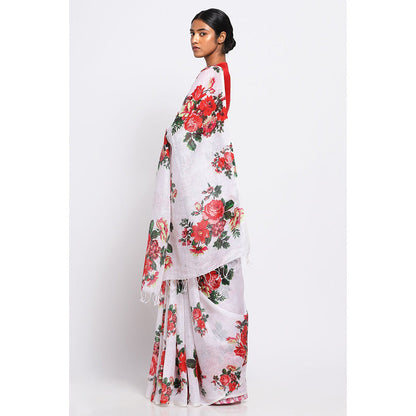 Via East French Rose Floral Linen Saree with Unstitched Blouse