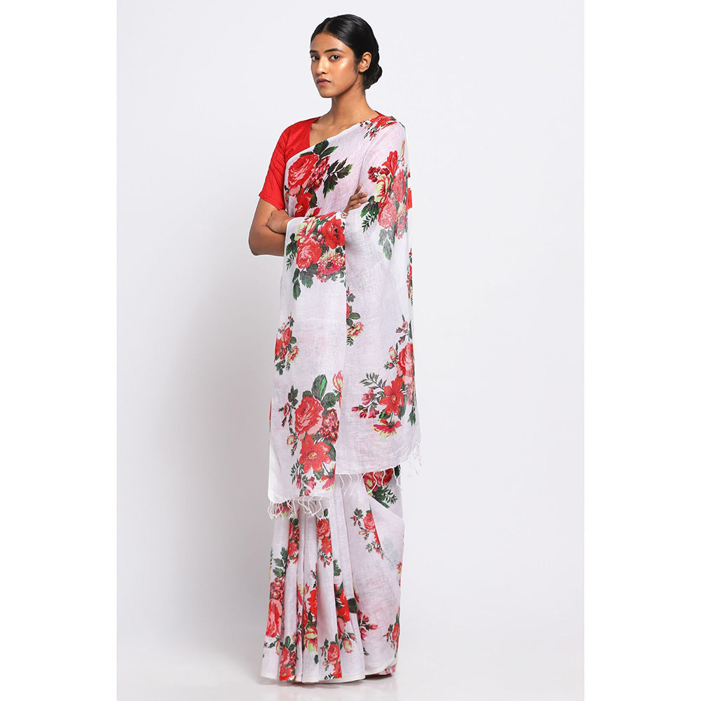 Via East French Rose Floral Linen Saree with Unstitched Blouse