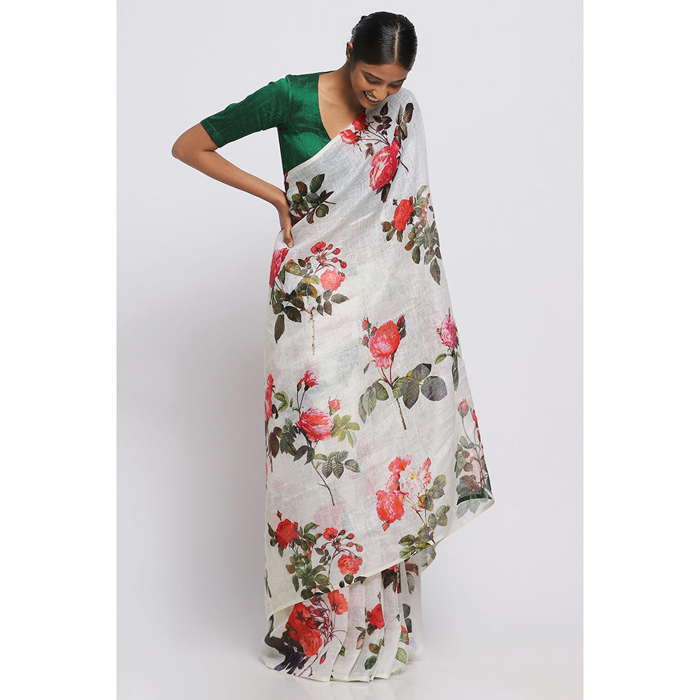 Via East Desi Gulab Floral Linen Saree with Unstitched Blouse