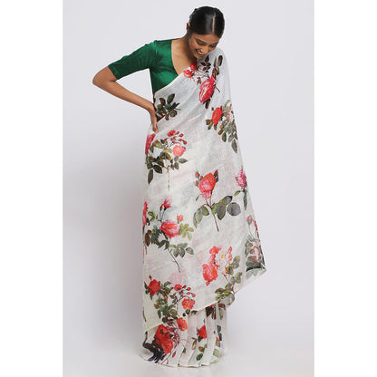 Via East Desi Gulab Floral Linen Saree with Unstitched Blouse