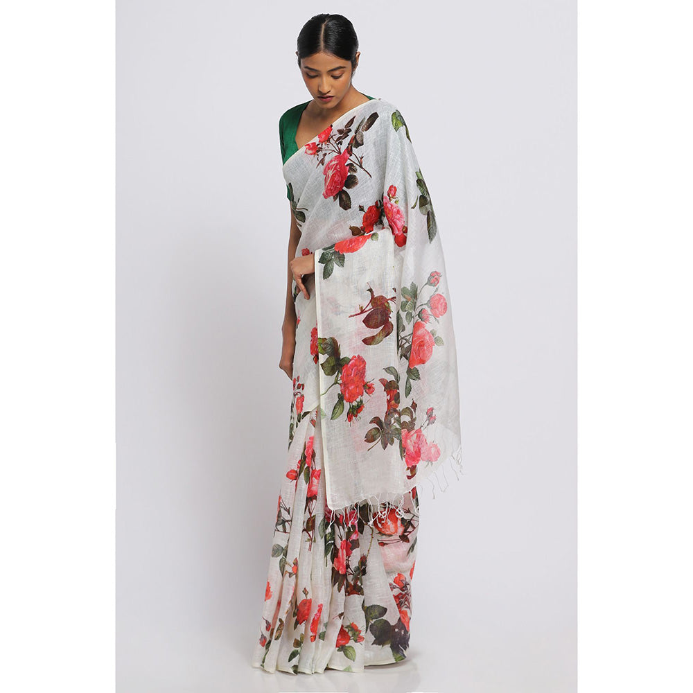 Via East Desi Gulab Floral Linen Saree with Unstitched Blouse